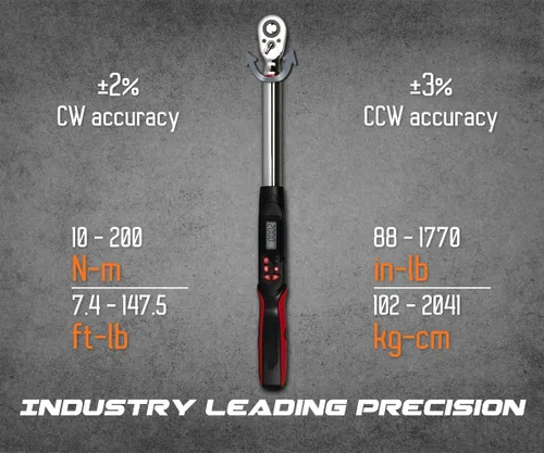 Miniatura 2 de Llave dinamométrica digital de 1/2 pulgada Tapha Tools, rango de torque 7.4-147.5 ft-lb (10-200 N-m), precisión ±2%, notificación LED y timbre