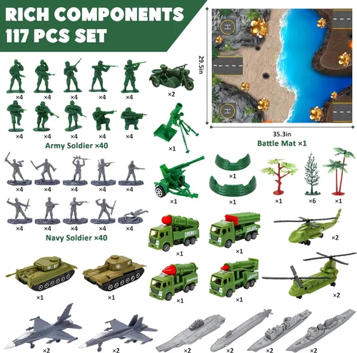 Miniatura 5 de Kusntin Army Men Conjunto de Juego – Juego de soldados de juguete militar de 117 piezas con figuras de acción, tapete de batalla, tanques