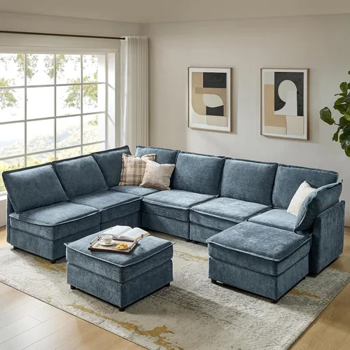 Miniatura 12 de HULALA HOME Sofá seccional modular, sofá grande en forma de U de 8 asientos con otomano de almacenamiento, sofá cómodo de chenilla con asiento