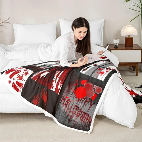 Miniatura 7 de Feelyou Manta Sherpa de Halloween de 40 x 50 pulgadas, manta gigante de forro polar con estampado de manos sangrientas para niños, manta de felpa