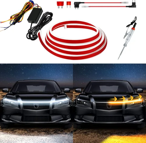 Tira de luz LED para capó exterior del coche, kit de haz de arranque de escaneo dinámico de doble color, luces de circulación diurna LED blancas y