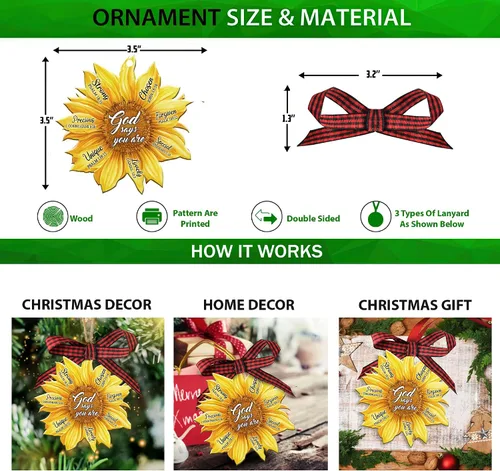 Miniatura 2 de Talataca Girasol Dios Dice Que Eres Único Cristiano Amante de Jesús Adorno Plano 2D Navideño de Árbol de Navidad Adorno de Madera para Colgar