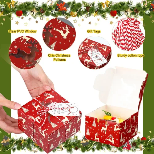 Miniatura 5 de Maxcheck Paquete de 100 cajas de galletas navideñas con ventana, 4 x 4 x 2.5 pulgadas, cajas de golosinas para panadería, dulces, recuerdos