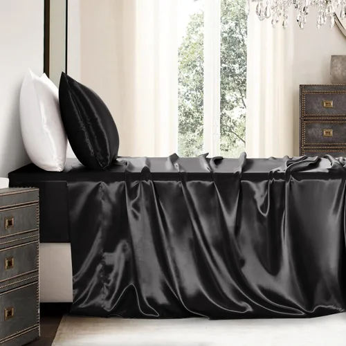Miniatura 120 de Sábanas de satén tamaño matrimonial: 4 piezas de sábanas de lujo suaves y sedosas, juego de sábanas de seda satinada gris oscuro con 1 sábana bajera