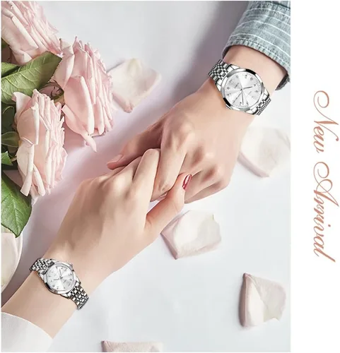 Miniatura 50 de OLEVS Reloj para parejas para él y ella, reloj analógico de cuarzo para hombres y mujeres, de acero inoxidable, impermeable, luminoso, fecha, reloj