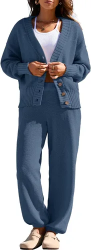 Miniatura 2 de Yanekop Conjunto de dos piezas para mujer con cuello en V y botones y suéter de punto acogedor