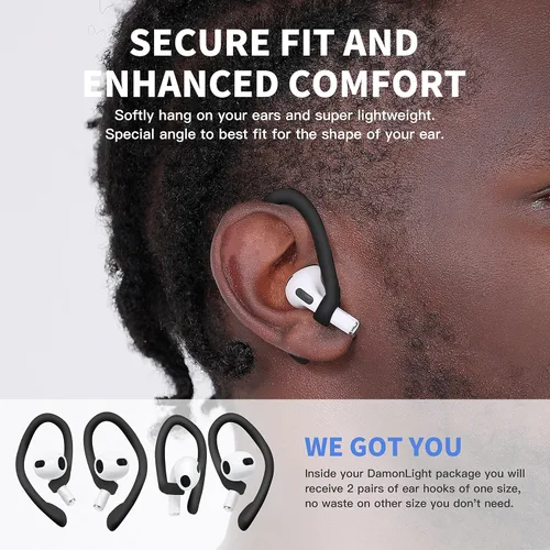 Miniatura 3 de 2 pares de ganchos para los oídos para AirPods Pro 2 y 1, AirPods 4 y 3, antideslizantes y cómodos, diseño ergonómico, accesorios (S, negro)