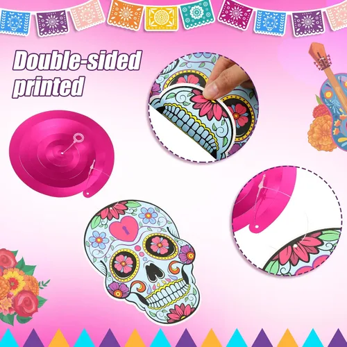Miniatura 4 de 30 remolinos de papel de aluminio del Día de los Muertos, decoraciones de Halloween, calavera de azúcar, flores colgantes en el techo, remolinos