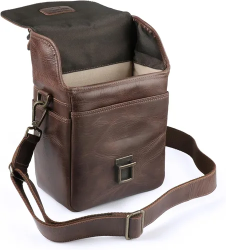 Miniatura 3 de Bolso bandolera para cámara de piel auténtica MegaGear, para cámaras mirrorless, dispositivo electrónico portátil Marrón