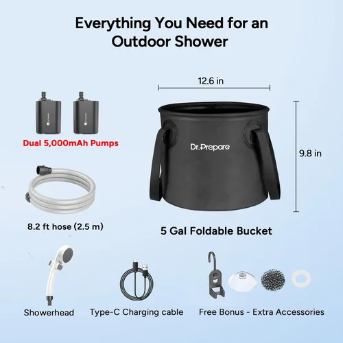 Miniatura 4 de DR.PREPARE Ducha portátil, bombas de ducha dobles para campamento, 2 × 5000 mAh, motor de 11,000 rpm, flujo de 1.32 galones/min, boquilla