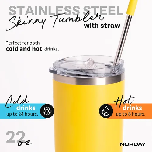 Miniatura 3 de NORDAY Vaso con tapa y popote – Flaco de 22 oz – Amarillo Vaso aislado – Vaso aislado – Vaso de acero inoxidable – Vaso de café de doble pared
