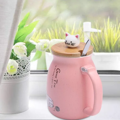 Miniatura 8 de TOPINCN Taza de cerámica con diseño de gato lindo con cuchara y tapa de madera, taza de té y agua para leche para oficina en casa (12.8 fl oz)