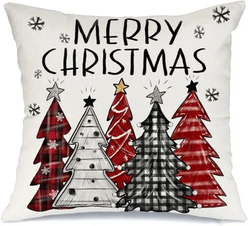 AACORS - Funda de almohada de Navidad de 16x16 pulgadas con árboles de Navidad coloridos y copos de nieve, decoración festiva de casa rural para