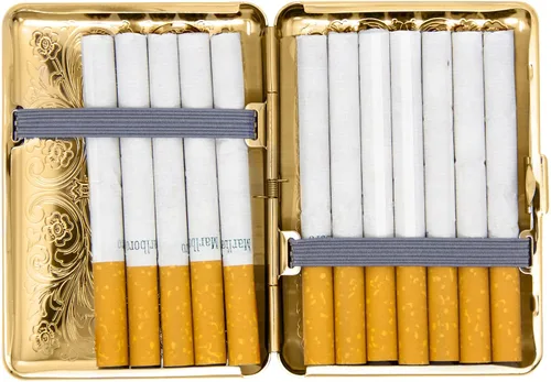 Miniatura 4 de Juego de 2 cajas de cigarrillos compactas chapadas en metal tamaño King con bandas elásticas (pergamino victoriano dorado)
