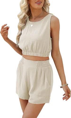 Miniatura 7 de Conjunto de dos piezas de lino para mujer, conjunto de 2 piezas sin mangas para verano