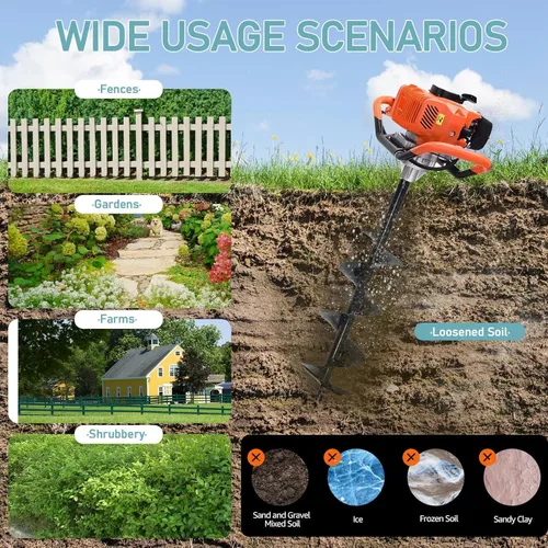 Miniatura 7 de Excavadora de agujeros de poste de 62 cc, excavadora de agujeros de poste a gas, excavadora de taladro de tierra con 3 brocas de 3 pulgadas, 5 y 8