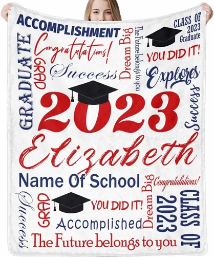 Miniatura 10 de Decoraciones de graduación 2023, manta de regalo para ella, él, felicitaciones 2023, azul oscuro, manta de graduado con nombre personalizado, No.11