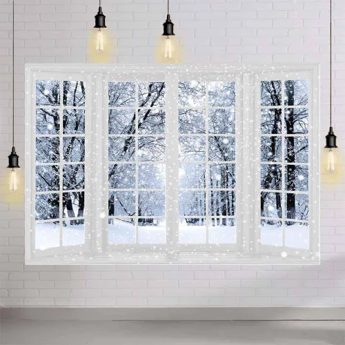 Miniatura 4 de MEHOFOND Telón de fondo de fotografía de invierno de 8 x 6 pies con diseño de bosque de nieve blanca, ventana, copo de nieve, árbol, decoración