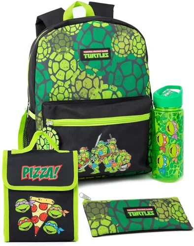 Teenage Mutant Ninja Turtles Juego de mochila de 4 piezas Animated Warriors Green Rucksack Pizza Lunch Bag Pencil Case Water Bottle, Verde, Mochila