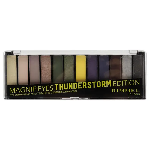 Rimmel London Magnif'Eyes Paleta de sombras de ojos, 12 tonos, fórmula mezclable, versátil, 010, tormenta eléctrica, 0.5 onzas