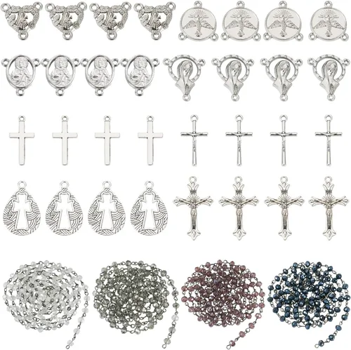 Pandahall 36 dijes de cruz de rosario tibetano, plata antigua, católica, virgen, maría, Jesús, crucifijo, dijes ovalados para lámpara de araña y