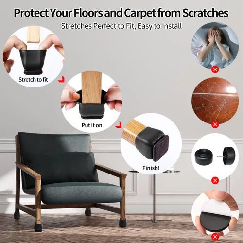 Miniatura 3 de Ezprotekt 24 protectores cuadrados de silicona para patas de silla para suelos de madera, almohadillas de fieltro negro para muebles, fundas