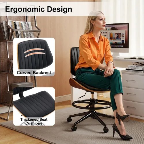 Miniatura 6 de Silla de dibujo, silla de oficina ergonómica con respaldo de madera de nogal, silla de escritorio de piel sintética sin brazos con altura ajustable