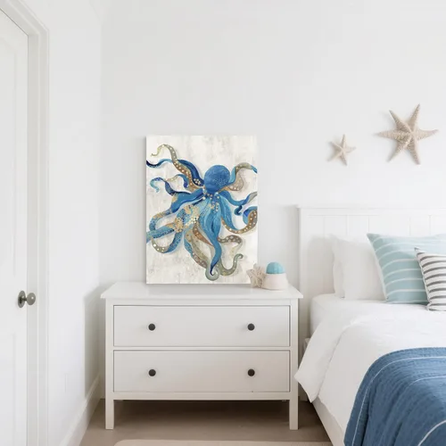 Miniatura 6 de Arte de Lienzo de Pulpo para Pared Pintura Temática de Vida Oceánica Imagen de Animal Marino Azul y Dorado Obra de Arte Costera Imagen de Pulpo