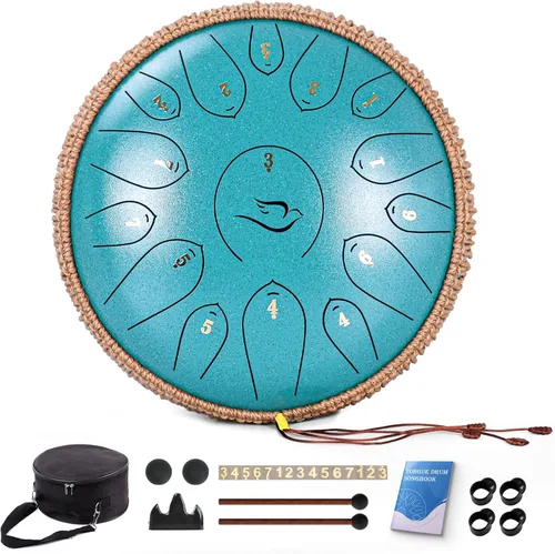 Miniatura 8 de Tambor de Lengua de Acero - 15 Notas Tambor de Acero - Instrumento de Tambor Handpan de 14 Pulgadas con Libro de Música, Mazos para Instrumentos