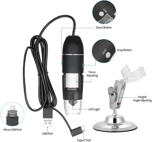 Miniatura 2 de Microscopio digital 3 en 1 cámara de interfaz USB 1600X con soporte flexible compatible con Android, Mac, sistema Windows, Q-NB01D