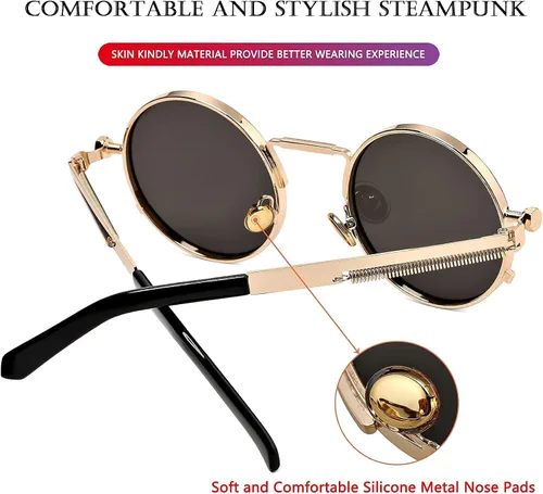 Miniatura 4 de AIEYEZO Gafas de sol redondas Steampunk con montura de metal gótico, 100% bloqueo UV