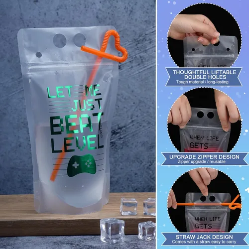 Miniatura 3 de 24 bolsas de plástico transparente para bebidas con pajitas, bolsas reutilizables para decoración de cumpleaños, videojuegos, fiestas, regalos