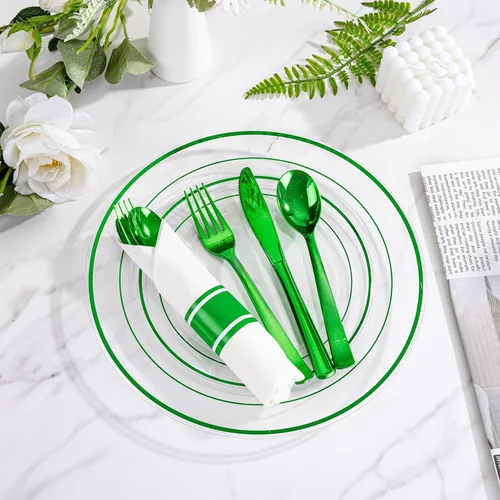 Miniatura 8 de I00000 - Juego de vajilla de plástico verde de 210 piezas para 30 invitados Incluye: 30 platos de cena transparentes de plástico verde, 30 platos