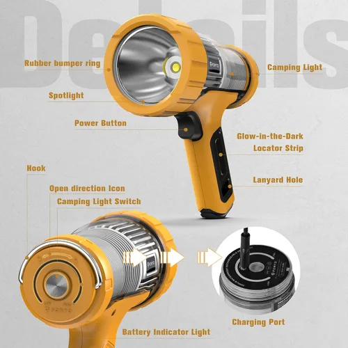 Miniatura 9 de FORTO Foco de mano de 3000 lúmenes, luz LED de largo alcance de 1400 pies con 120 horas de funcionamiento, linterna impermeable recargable IPX8
