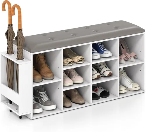 Miniatura 10 de Tangkula Banco de almacenamiento de zapatos con soporte para paraguas, organizador de zapatos de 40 pulgadas con asiento acolchado, 10 cubos y Negro