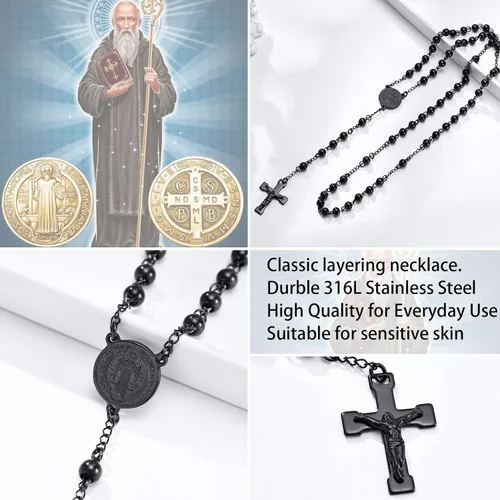 Miniatura 3 de VNOX Collar unisex de acero inoxidable largo con cuentas de rosario de Jesús, cruz católica, crucifijo católico, 36 pulgadas, Edelstahl, Piedra