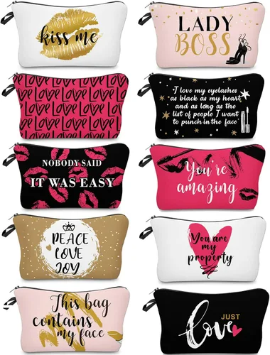 Boao 10 bolsas de maquillaje con letras a granel, bolsa de cosméticos para mujeres, organizador de cremallera de viaje, bolsa de artículos de