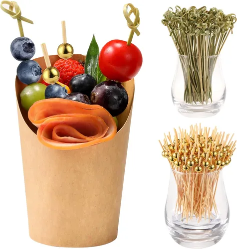 CockStixs 100 tazas de embutidos de 12 onzas con brochetas de bambú, soporte de papel desechable para aperitivos, color marrón con púas de cóctel