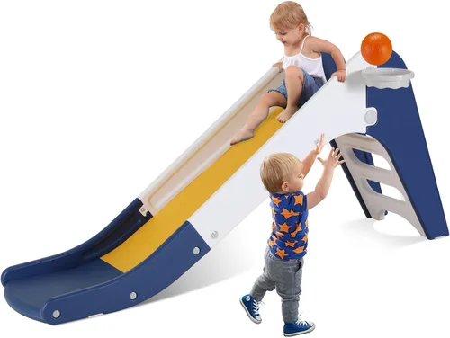 Arlopu Tobogán para bebés, tobogán plegable para interiores con aro de baloncesto y pelota, pendiente extralarga de 63", pasos antideslizantes,