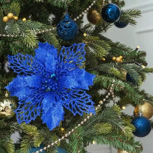Miniatura 7 de 24 piezas de palitos de flores de Pascua artificiales de hojas de acebo de malla azul con purpurina, adornos para árbol de 5.9 pulgadas de ancho