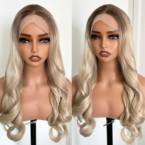 Miniatura 14 de Peluca de cabello sintético rubio de 13 x 6, con encaje frontal, sin pegamento, ondulado, rubio prearrancado, encaje transparente HD, transpirable