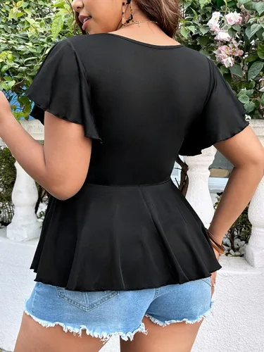 Miniatura 2 de SOLY HUX Peplum Tops para mujer, talla grande, sexy, blusas de verano 2023, camisetas con volantes, camisetas casuales elásticas con cuello en V