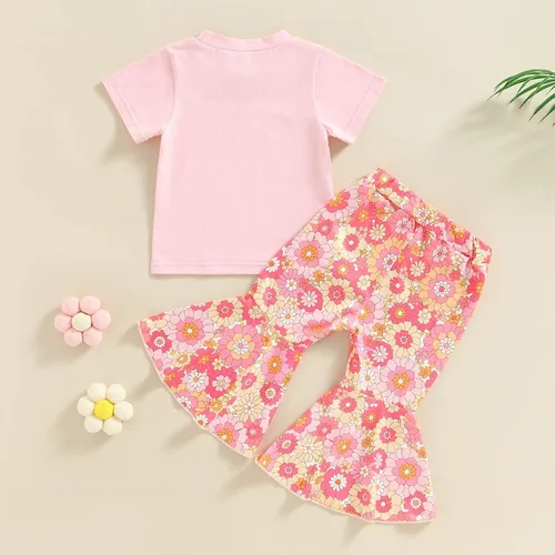Miniatura 2 de Thilsidee Toddler Summer Clothes Baby Girl Bell Bottom Outfit Short Sleeve Rainbow Print T-shirt Tops+Floral Flare Pant Set