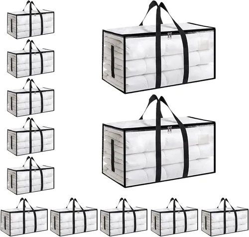 Miniatura 11 de Paquete de 4 bolsas de mudanza extra grandes y resistentes, bolsas de almacenamiento impermeables con asas y cremalleras, plegables para dormitorio