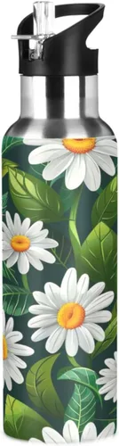 BPA-Free Sports Water Bottle 32 Oz, Insulated Stainless Steel Water Bottle with Straw for Gym Outdoor Travel School, White Daisy Flowers Green Leaves