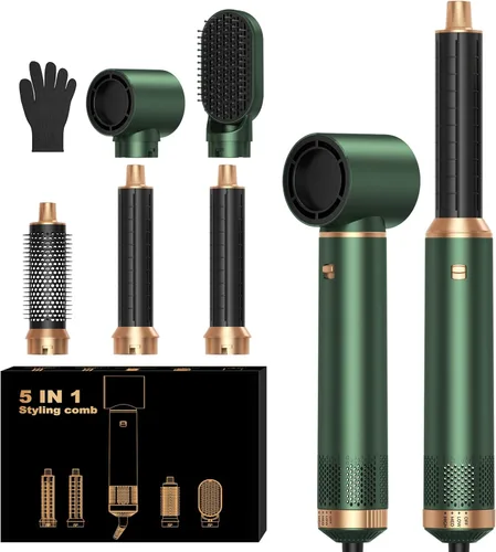 Cepillo secador de pelo 5 en 1, juego de cepillo secador de pelo mejorado con iones negativos, rizador de aire caliente, rizador de rizos,