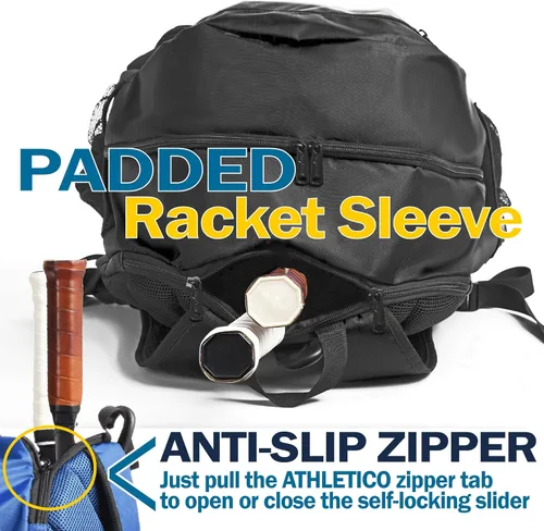 Miniatura 2 de Athletico Mochila de tenis Premier – Bolsa de tenis con capacidad para 2 raquetas en compartimento acolchado Compartimento ventilado separado