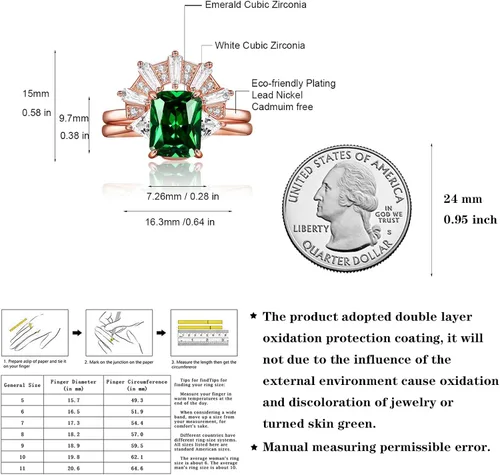 Miniatura 6 de JIANGYUE Anillos apilables de circonita cúbica verde esmeralda para mujer, oro rosa, blanco, corona, juego de anillos de boda, joyería para el día