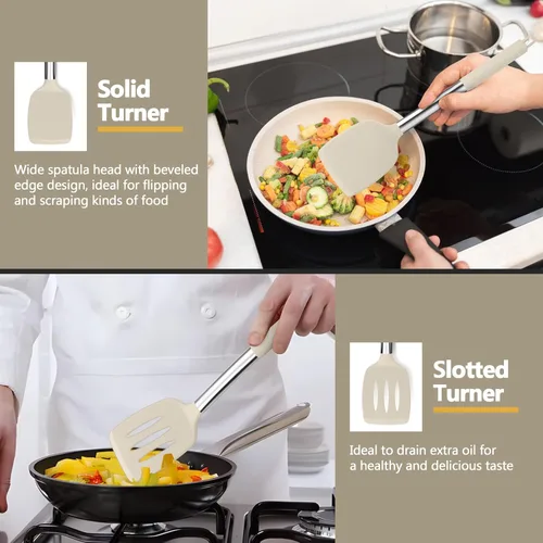 Miniatura 6 de P&P CHEF Juego de 4 utensilios de cocina de color caqui, espátulas sólidas de silicona, cucharas ranuradas para utensilios de cocina antiadherentes