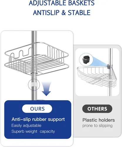 Miniatura 6 de SEIRIONE Organizador de Ducha y Esquinero a Prueba de Óxido para Baño, Poste de Tensión con 4 Cestas Ajustables para Accesorios de Ducha, 34 a 116